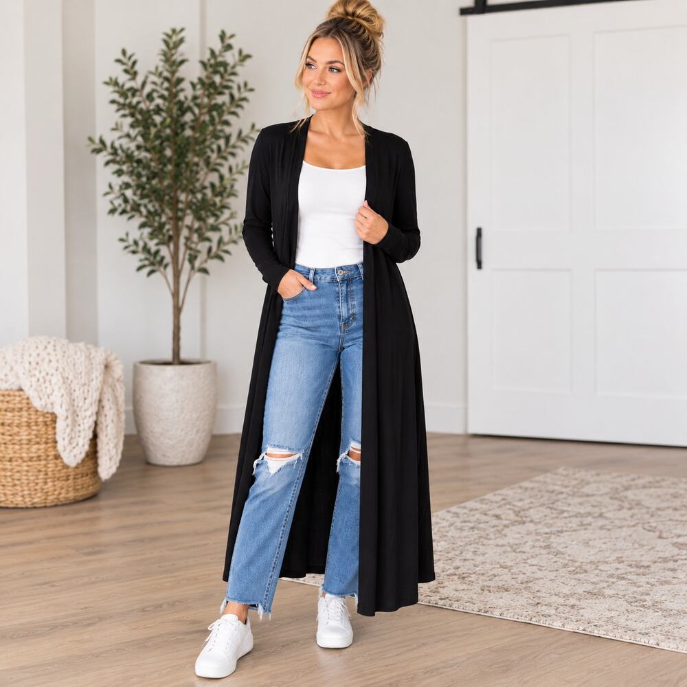 The Nines Women’s Size M Black Long Open Front Maxi Cardigan Duster